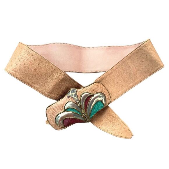 Genuine Blush Fleshtone Leather 80s Womens Belt Pigskin BIG Enameled Deco buckle - Picture 1 of 4